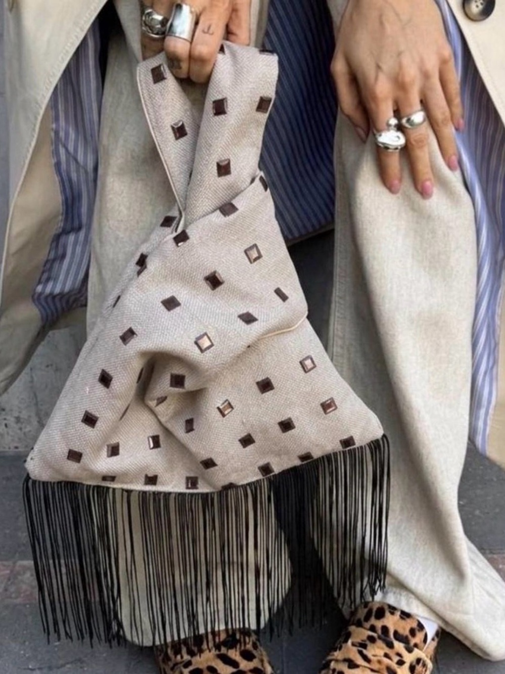 Beige Fringe Tote Bag with Square Stud Accents